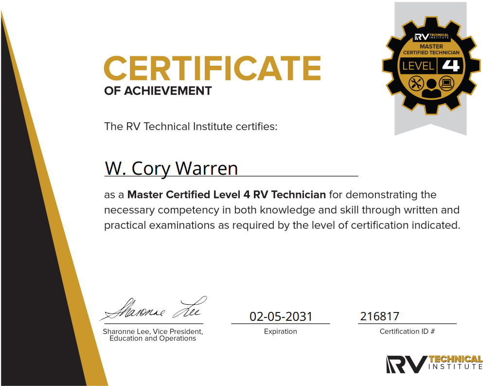 RVTI Level 4 Master Certified RV Technician